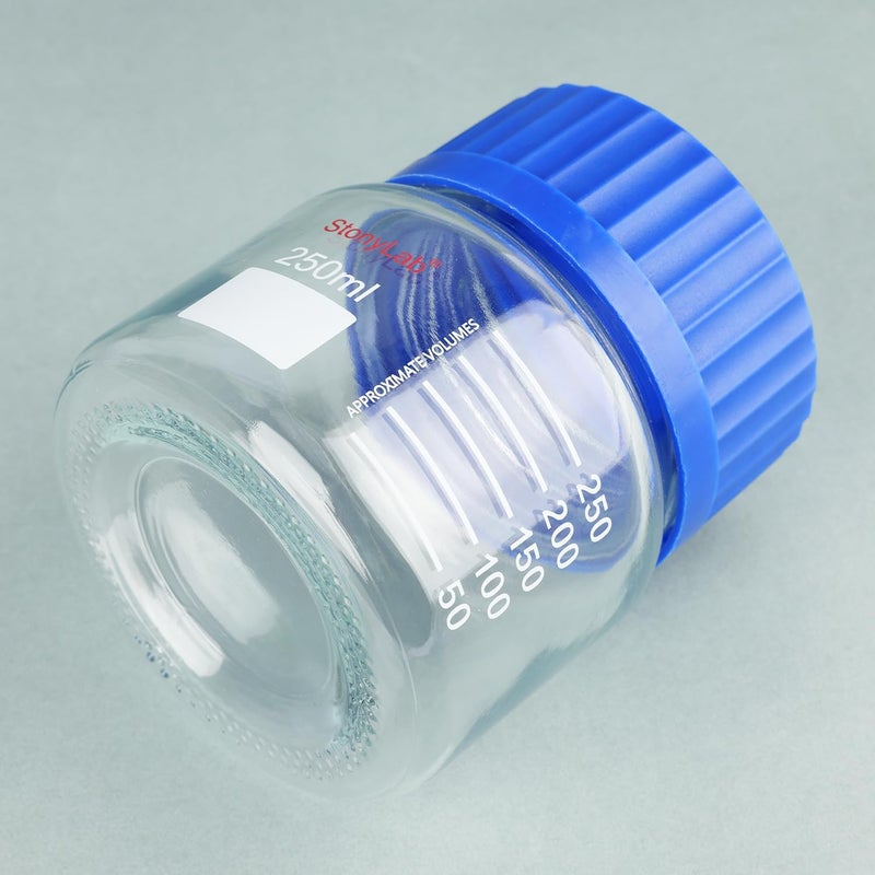 stonylab Graduated Storage Bottle, Premium Glass Round Bottom Reagent Bottle with GL80 Screw Cap, High Transparency Wide Mouth Media Storage Bottle with Clear Scale, 250 ml - Image 4